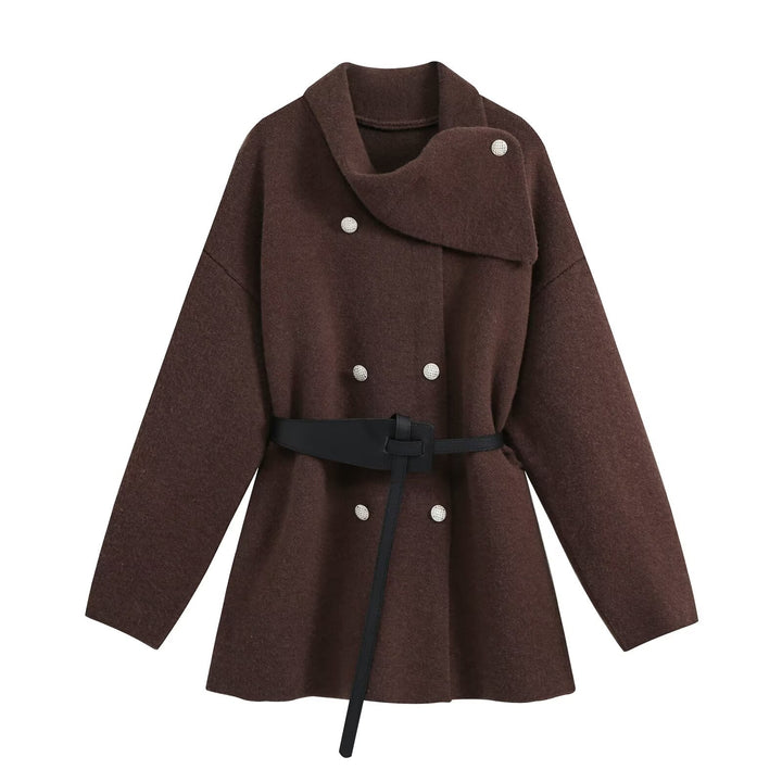 Women's short coat with asymmetrical shawl collar, double-breasted button placket and waist belt Drune