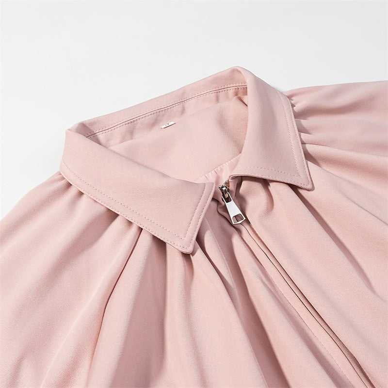 Women Cropped Jacket with Draped Front, Zipper and Balloon Sleeves Mune Fashion