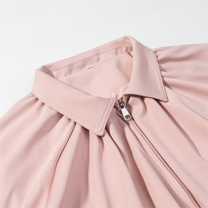 Women Cropped Jacket with Draped Front, Zipper and Balloon Sleeves Mune Fashion