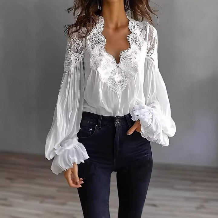 Women's Chiffon Blouse with Lace V-Neck and Wide Pleated Sleeves Mune Fashion