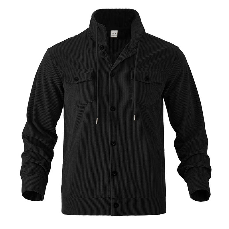 Men's cord jacket with stand-up collar, drawstring, continuous button placket, and applied chest flaps Mune Fashion