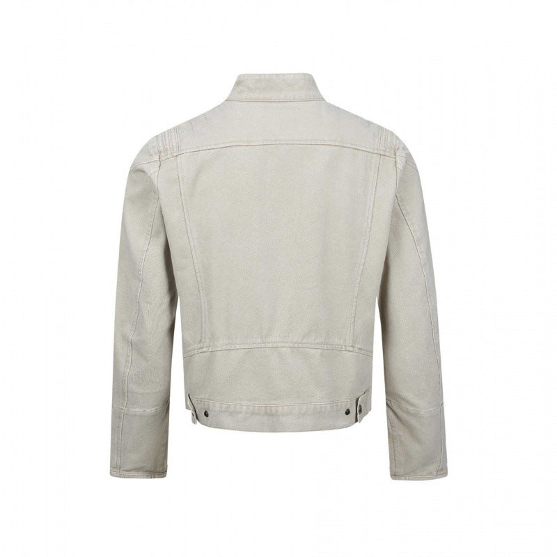 Men's Asymmetric Short Jacket in Biker Style with Stand-up Collar and Diagonal Metal Zipper Mune Fashion