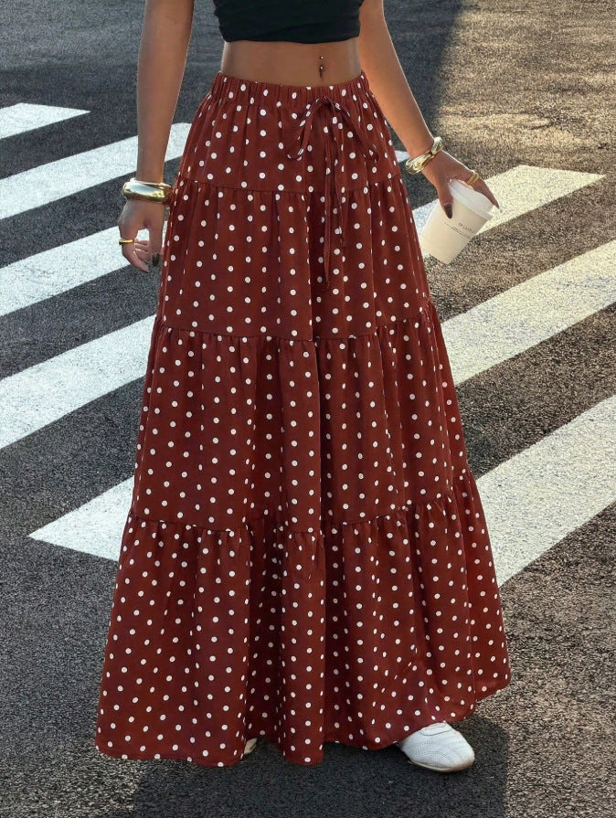 Women Striped Maxi Skirt with Elastic Waistband and Polka Dot Pattern Mune Fashion