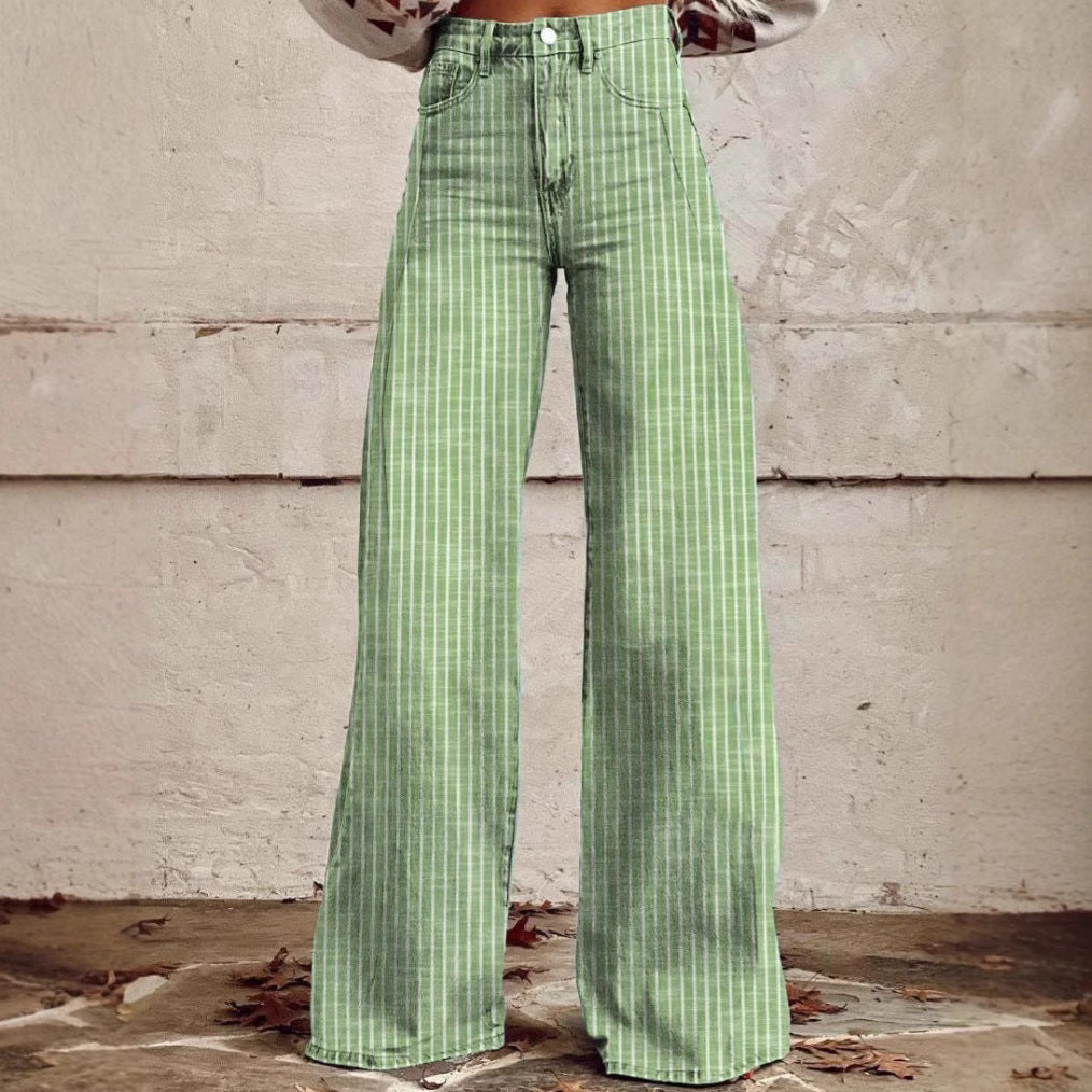 Women's wide trousers with a high waistband in linen look and vertical pinstripes flared trousers Mune Fashion