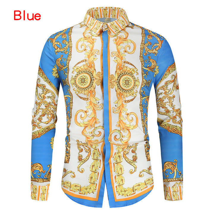 Men's Baroque Long-Sleeve Shirt with Ornamental Print, Kent Collar and Tailored Fit Mune Fashion
