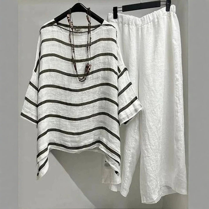 Women's casual linen set with asymmetrical striped blouse and wide elastic waistband pants Mune Fashion