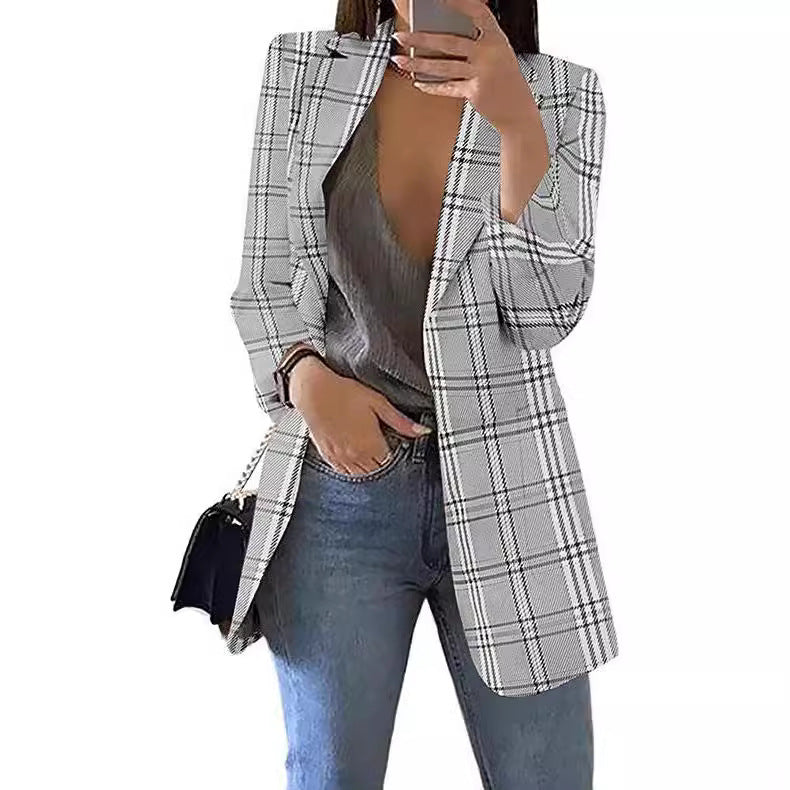 Women's tailored check blazer longline with structured shoulder area and open front Mune Fashion