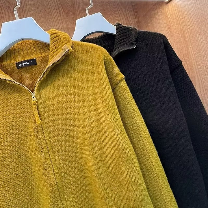 Unisex Comfortable Zipper Knit Jacket with Straight Cut and Stand-Up Collar Mune Fashion