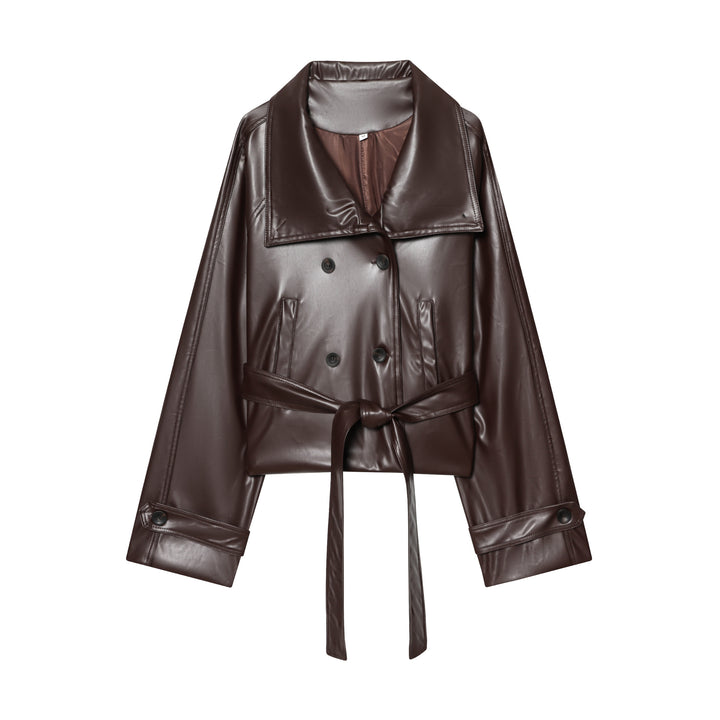 Women's Short Cut Faux Leather Trench Coat with Oversized Lapels, Double-Breasted Button Placket and Tied Belt Mune Fashion