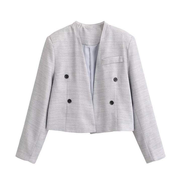 Women's collarless cropped blazer with boxy silhouette and double-button row Mune Fashion