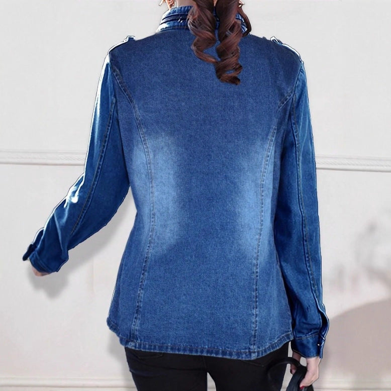 Women tailored denim jacket with stand-up collar, four flap pockets and slightly flared hem Mune Fashion