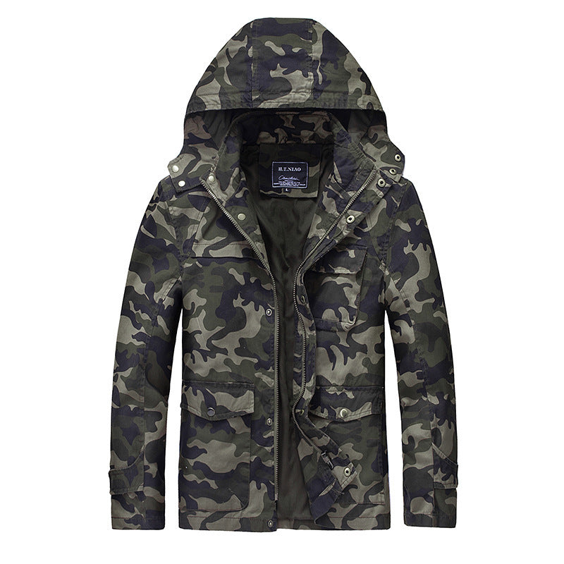 Men's Camouflage Field Jacket with Hood, Multifunctional Exterior Pockets and Drawstring Waist Mune Fashion