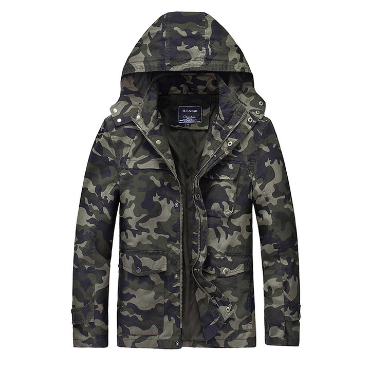 Men's Camouflage Field Jacket with Hood, Multifunctional Exterior Pockets and Drawstring Waist Mune Fashion
