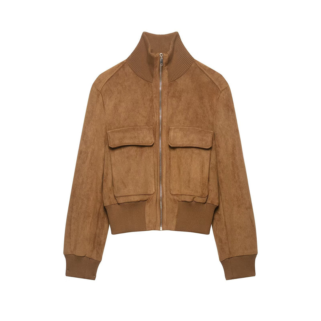 Women's short-cut suede bomber jacket with high ribbed collar and flap pockets Mune Fashion