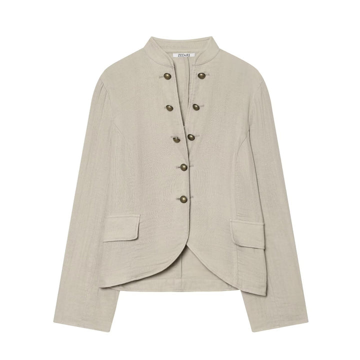 Women's short blazer with stand-up collar, decorative button placket, and rounded hem Mune Fashion