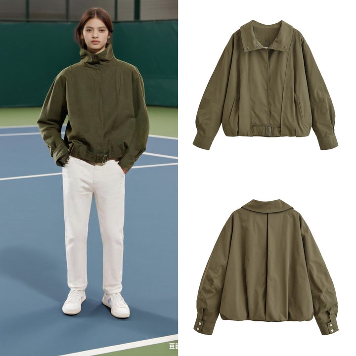 Women Oversize Bomber Jacket with Waist Belt and Stand-up Collar Mune Fashion