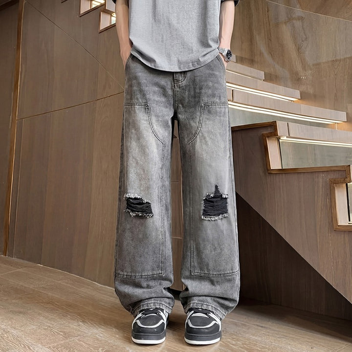 Men's Wide Baggy Jeans with Used Wash, Knee Rips & Utility Seams Mune Fashion