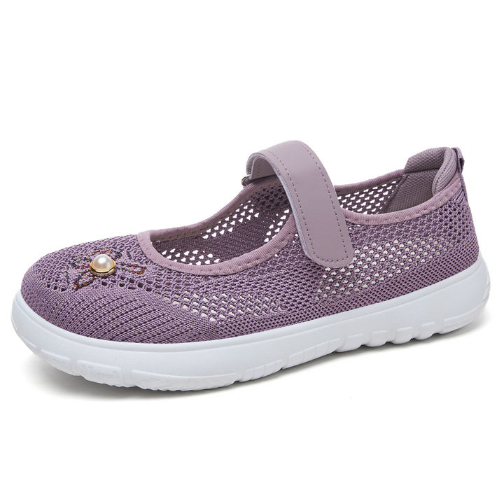 Women's knitted Mary Jane sneakers with Velcro strap, breathable knitted upper, decorative pearl appliqué, and cushioning EVA sole Mune Fashion
