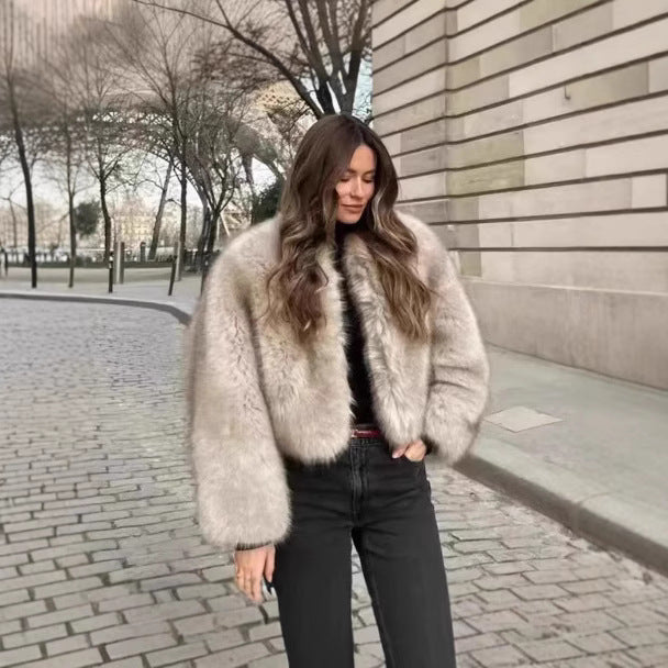 Women Cropped Faux Fur Bomber with Round Neck, Soft Draping High Pile and Boxy Silhouette Mune Fashion