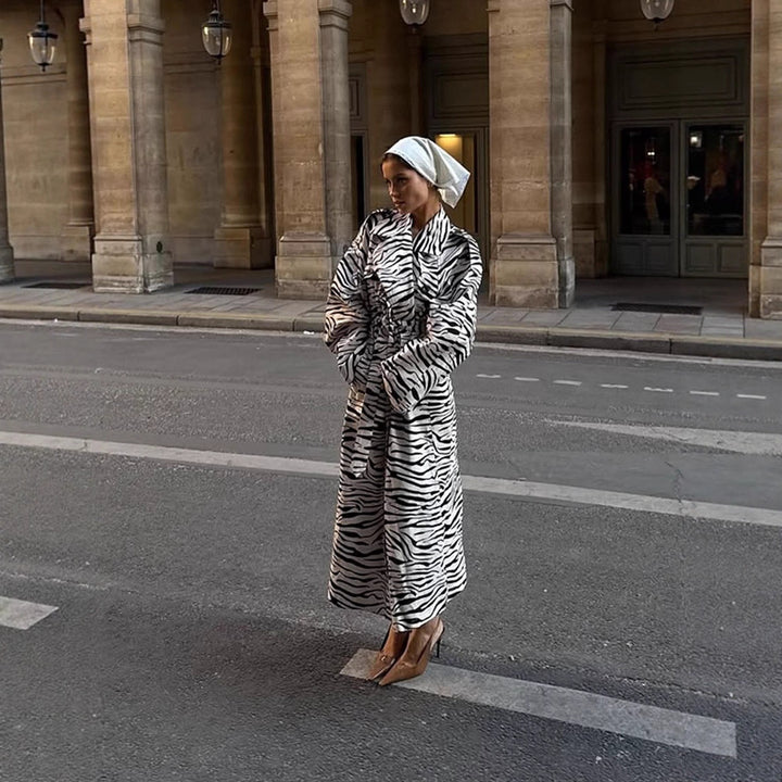 Women's Maxilength Trench Coat in Animal Print with Voluminous Shawl Collar, Tied Belt and Boxy Silhouette Mune Fashion
