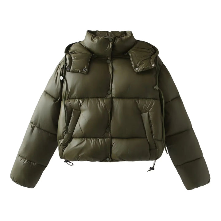 Women's oversized padded short jacket with detachable hood, high stand-up collar, and drawstring hem Mune Fashion