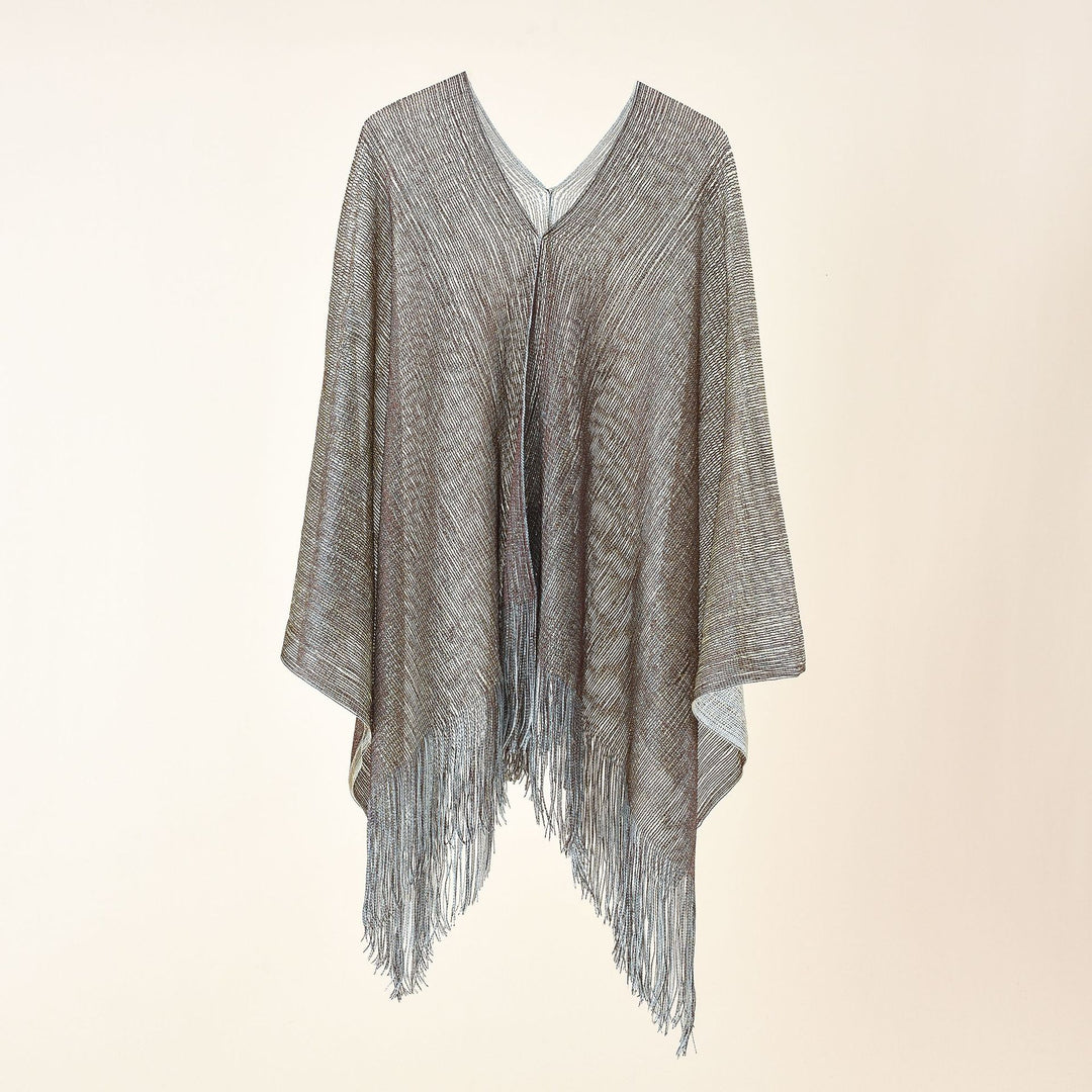 Ladies fine knit mesh stole with metallic shine and long fringes Mune Fashion