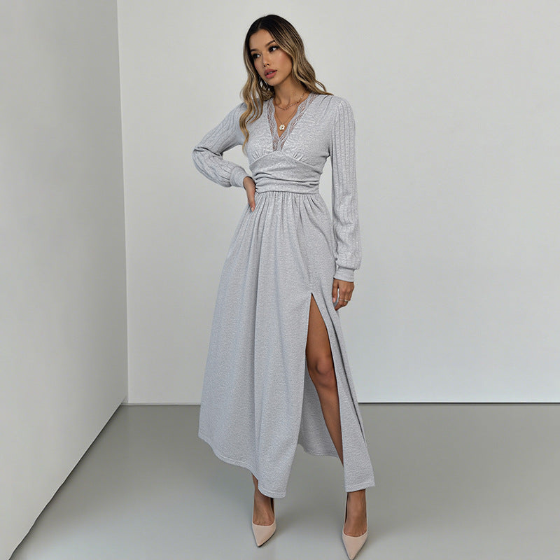 Women's Elegant Wrap Maxi Dress with Lace Trim, Fitted Knot Waist and High Split