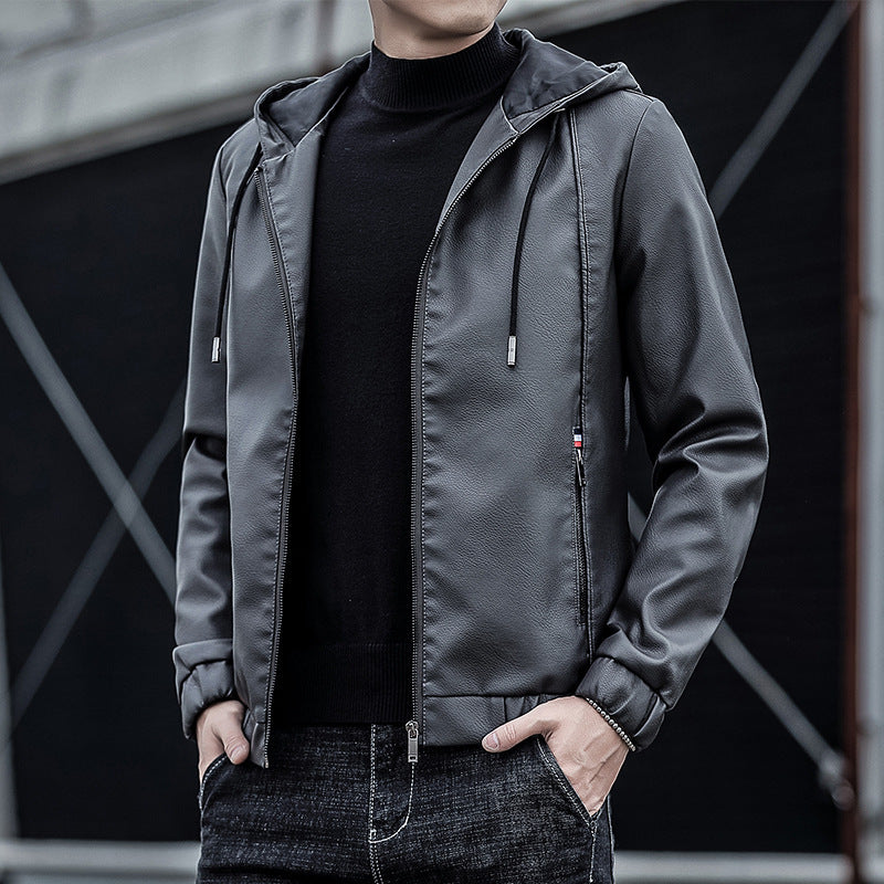 Men's Stylish Faux Leather Hoodie Jacket Mune Fashion