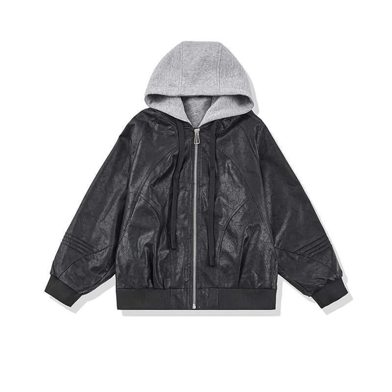Unisex Wide Cut Faux Leather Bomber Jacket with Contrast Hood and Ribbed Cuffs Mune Fashion