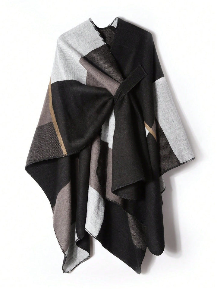 Women's Soft Wool Blend Poncho with Geometric Jacquard and Open Waterfall Cut Mune Fashion