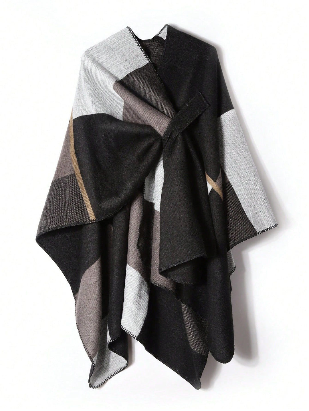 Women's Triangular Knit Poncho with Geometric Jacquard Pattern and Decorative Stitch Mune Fashion