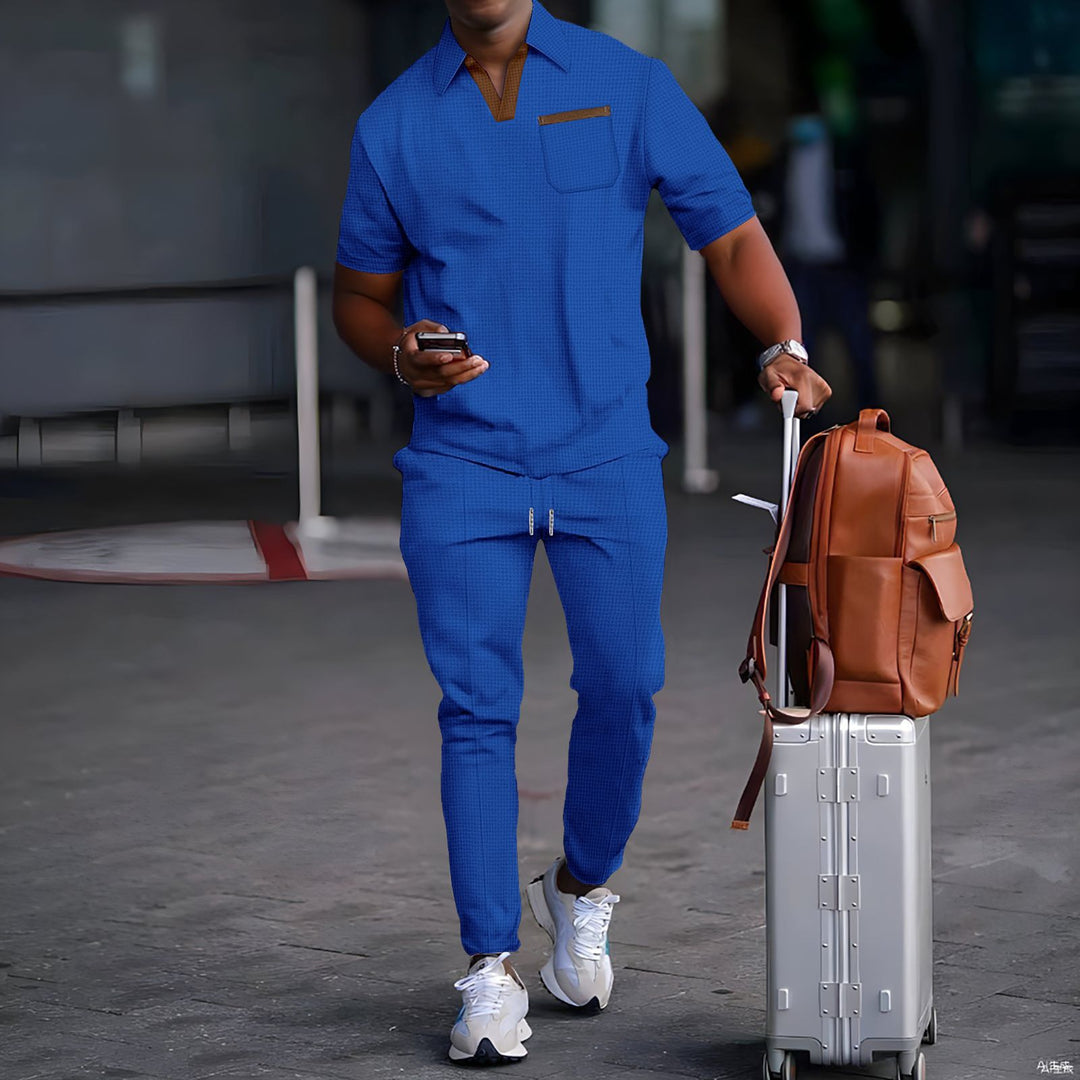 Men's casual leisure set made of elastic jersey with V-neck, chest pocket, and drawstring waistband Mune Fashion