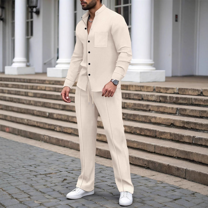 Men's Casual Shirt-Pant Lounge Set Made of Textured Cotton Blend Mune Fashion