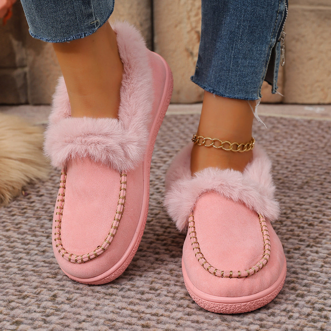 Women Padded Moccasin Slippers with Faux Fur Trim and Decorative Stitching Mune Fashion