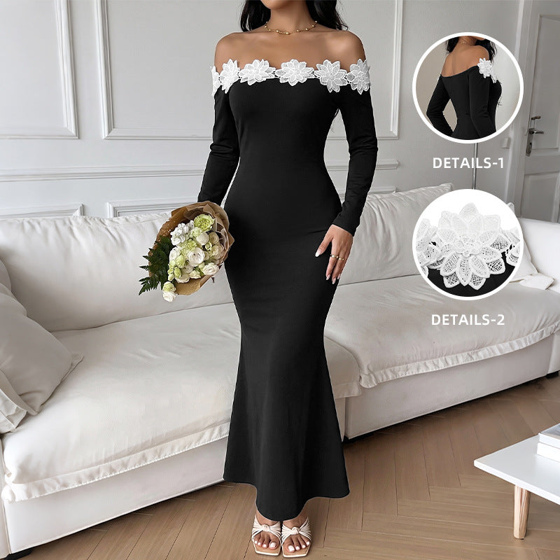 Women's Off-Shoulder Maxi Dress with Bardot Neckline, Body-Con Silhouette and Lace Floral Trim Mune Fashion