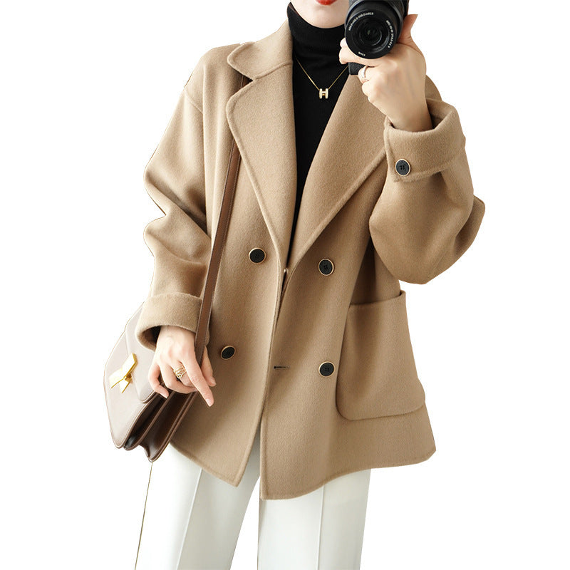 Women's Short Double-Breasted Wool Blend Coat with Notched Collar and Boxy Oversized Silhouette Mune Fashion