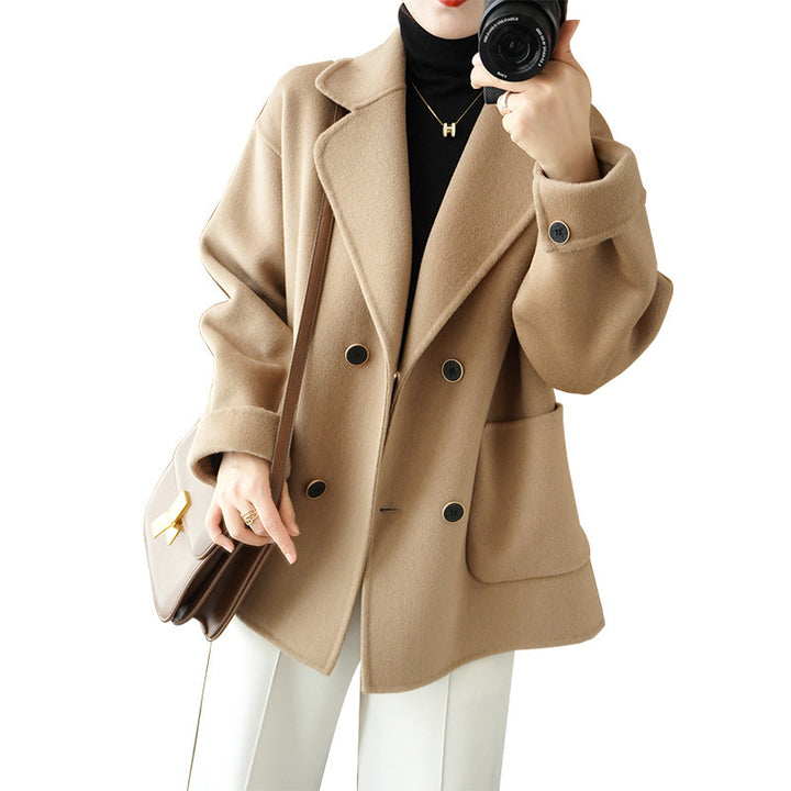 Women's Short Double-Breasted Wool Blend Coat with Notched Collar and Boxy Oversized Silhouette Mune Fashion
