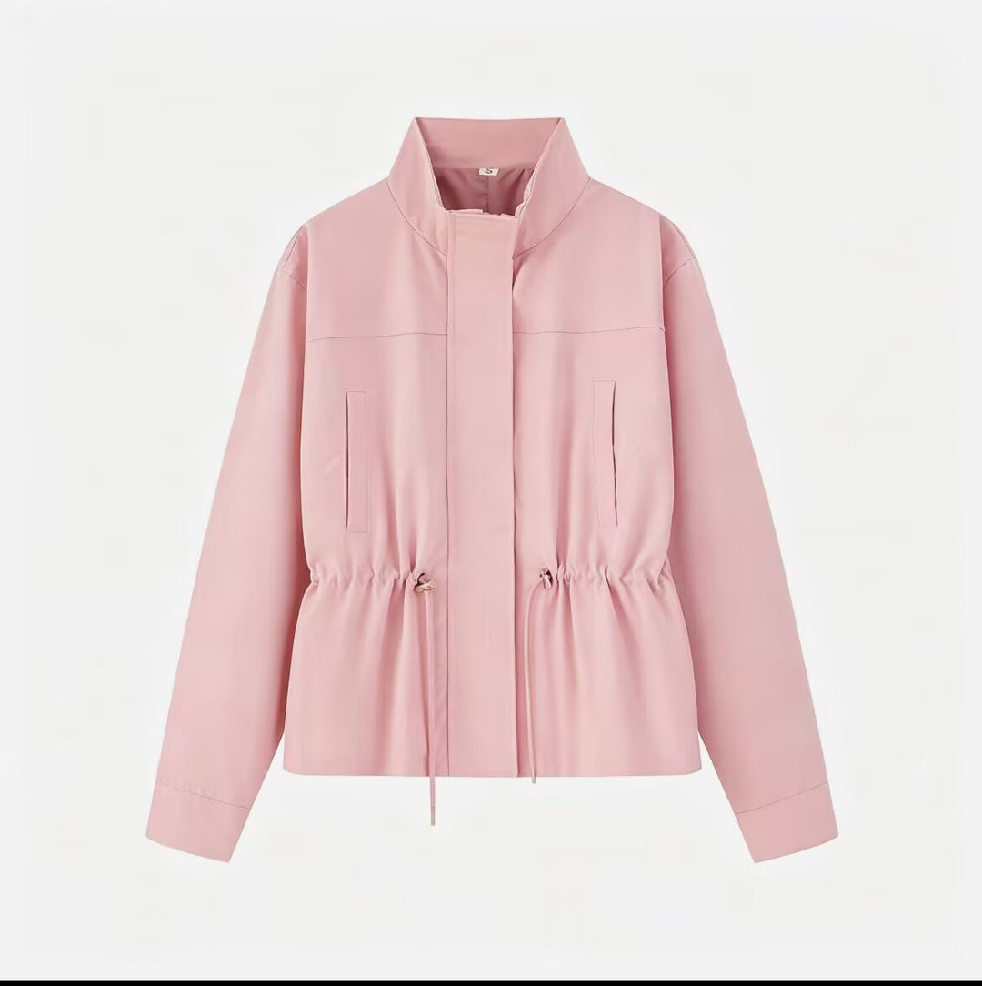 Women Lightweight Transition Jacket with Drawstring Waist and Stand-Up Collar Mune Fashion