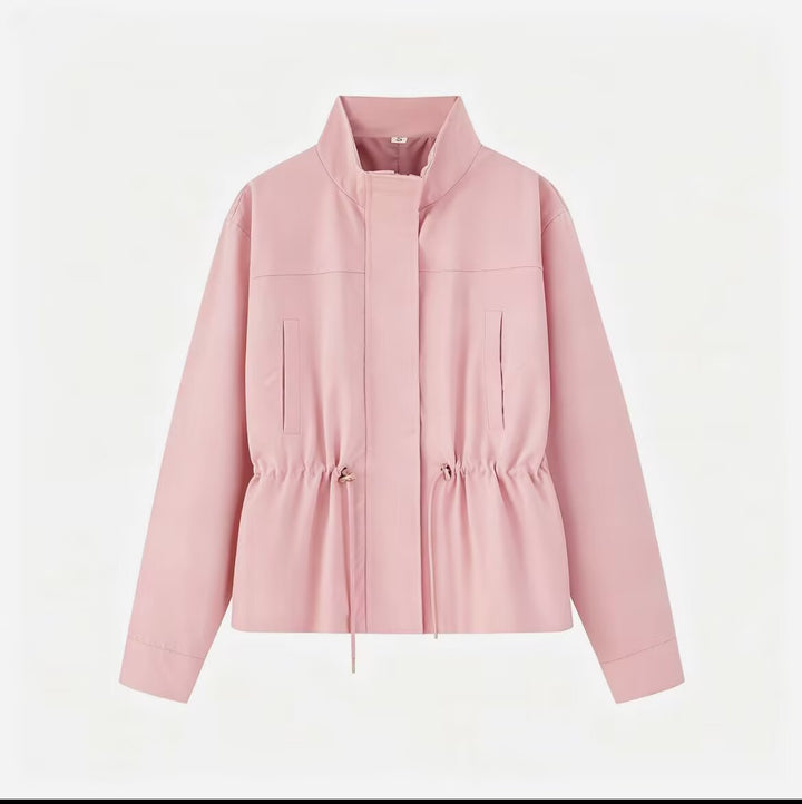 Women Lightweight Transition Jacket with Drawstring Waist and Stand-Up Collar Mune Fashion