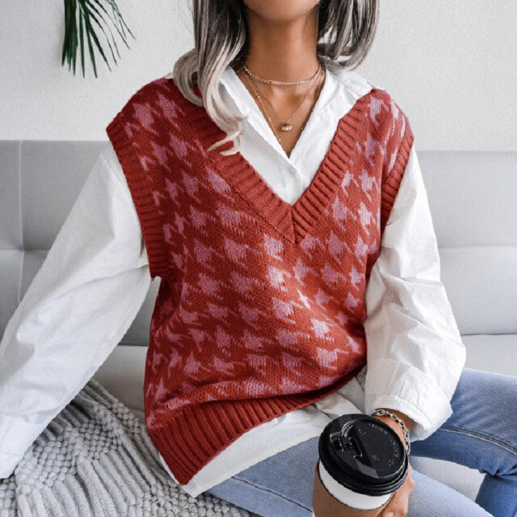 Women Oversized Knit Vest with Houndstooth Pattern and V-Neck Mune Fashion