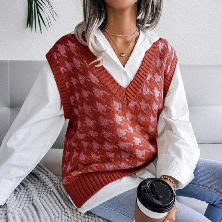 Women Oversized Knit Vest with Houndstooth Pattern and V-Neck Mune Fashion