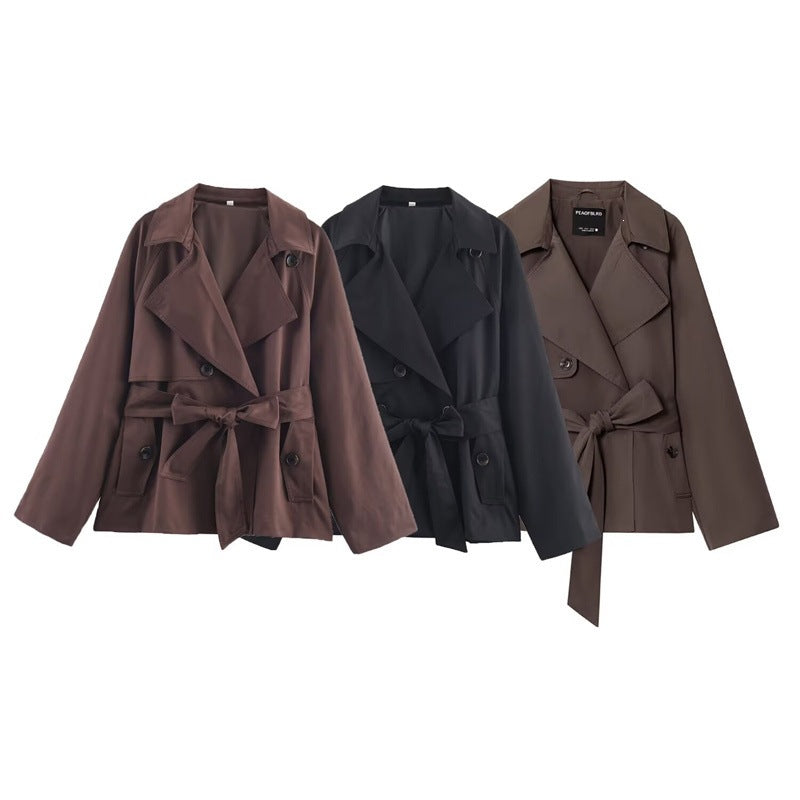 Ladies Cropped Trench Coat with Shawl Collar, Tie Belt and Flap Pockets Mune Fashion