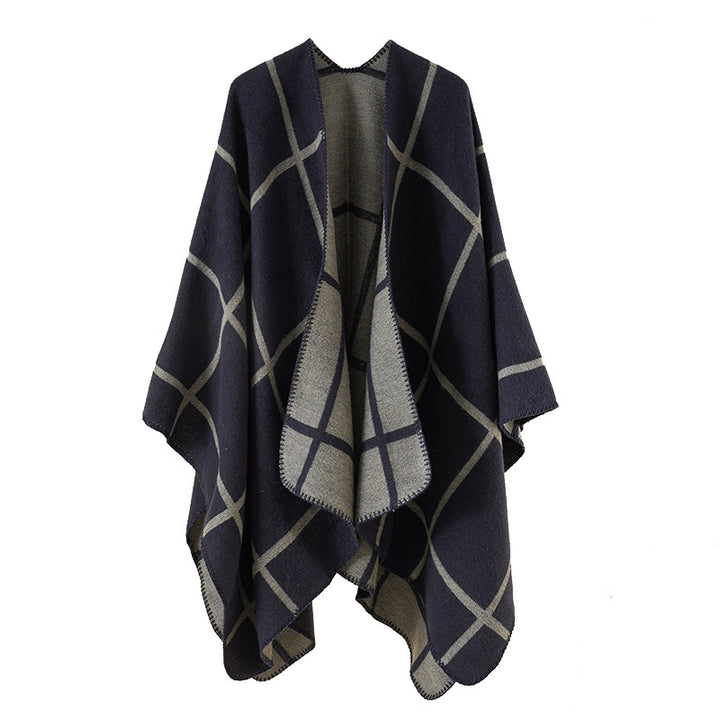 Women's Open Wool Blend Poncho in Cape Style with Subtle Check Pattern Mune Fashion