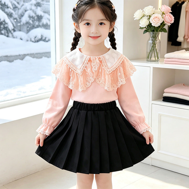 Girl's blouse with elegant lace collar and ruffle details Mune Fashion