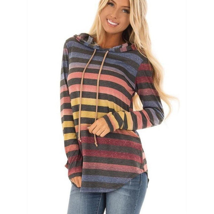 Women Striped Hooded Long Sleeve with Tunic Silhouette Mune Fashion