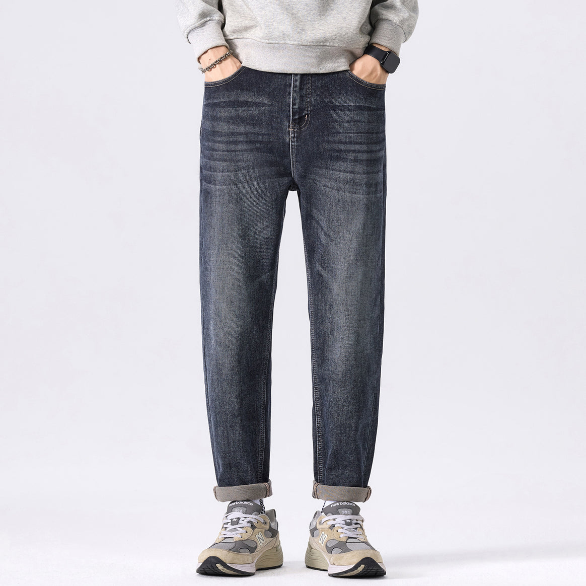 Men's tapered cut denim pants with mid-rise, relaxed fit, and subtle used look Mune Fashion