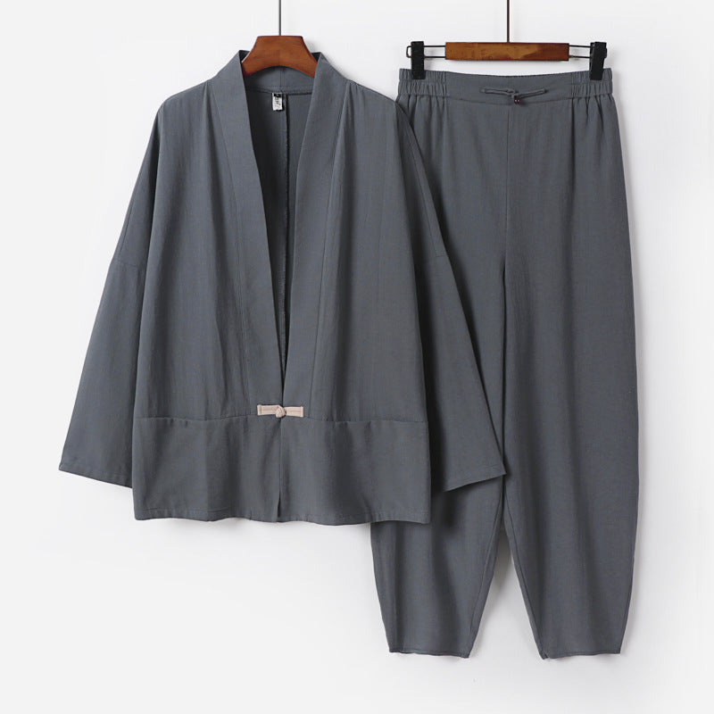 Men's Zen Relax Set with open kimono jacket, decorative toggle closure and tapered harem jogger pants Mune Fashion