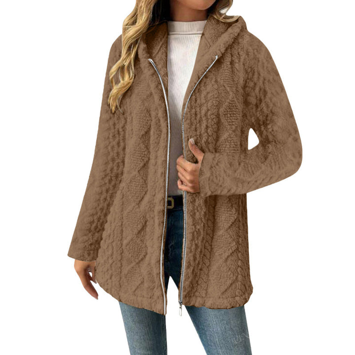 Women's Hooded Sherpa Jacket with Cable Pattern, Medium Length and Two-Way Zipper Mune Fashion