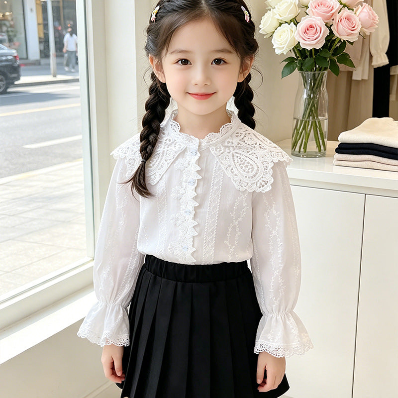 Girls elegant blouse with ruffled collar and lace accents Mune Fashion