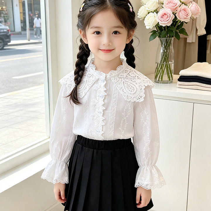 Girls elegant blouse with ruffled collar and lace accents Mune Fashion